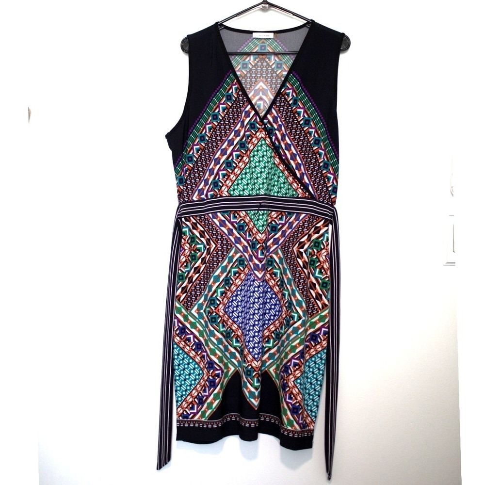 Calvin Klein Womens Size 14 Geometric Tribal Print V-Neck Sleeveless Dress